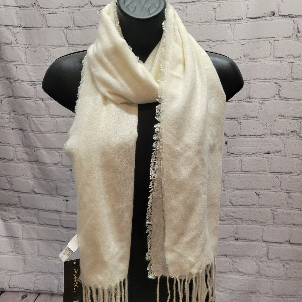 Style & Co Fringe Detail Solid Soft Wrap- Ivory